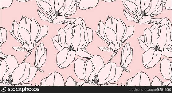 Magnolia flowers in bloom seamless pattern. Hand drawn realistic detailed vector illustration. Pink horizontal background art.. Magnolia flowers in bloom seamless pattern. Hand drawn realistic detailed vector illustration. Pink horizontal background.