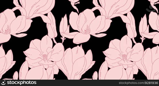 Magnolia flowers in bloom seamless pattern. Hand drawn realistic detailed vector illustration. Pink on black horizontal background art.. Magnolia flowers in bloom seamless pattern. Hand drawn realistic detailed vector illustration. Pink on black horizontal background.