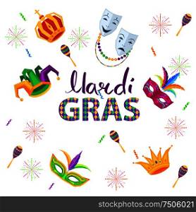 Magri gras carnival concept with colorful masks, crown and jester hat flat vector isolated on white. Masquerade clothing attributed illustration for costumed party or festival invitation, banner. Magri Gras Carnival Flat Vector Concept with Masks