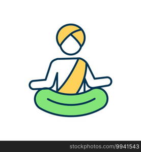 Mahatma Gandhi RGB color icon. Meditating muslim man. Monk praying. Spiritual activity. Indian person. Hinduism, buddhism religion. India culture. Custom tradition. Isolated vector illustration. Mahatma Gandhi RGB color icon