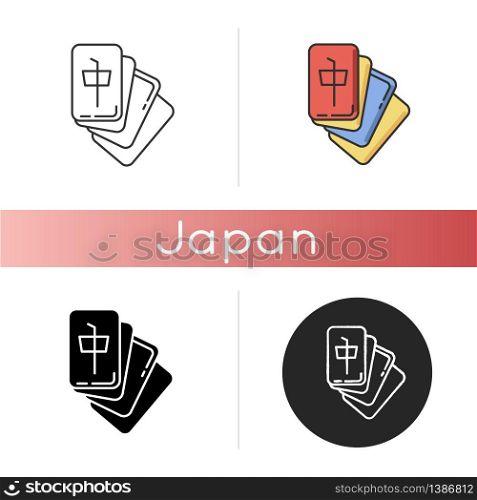 Mahjong icon. Tile based game. Tabletop gambling. Japanese entertainment. Asian domino type tactic game. Leisure, amusement. Linear black and RGB color styles. Isolated vector illustrations. Mahjong icon. Tile based game
