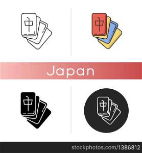 Mahjong icon. Tile based game. Tabletop gambling. Japanese entertainment. Asian domino type tactic game. Leisure, amusement. Linear black and RGB color styles. Isolated vector illustrations. Mahjong icon. Tile based game