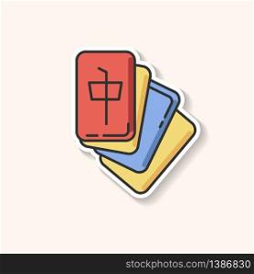 Mahjong patch. Tile based game. Tabletop gambling. Japanese entertainment. Asian domino type tactic game. Leisure, amusement. RGB color printable sticker. Vector isolated illustration. Mahjong patch. Tile based game