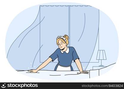 Maid changing bedding cleaning hotel room. Housekeeper in uniform working. Housekeeping service. Vector illustration.. Housekeeper working in hotel