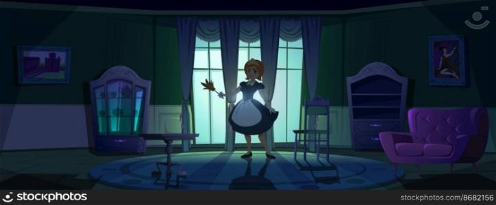 Maid in apron in dark living room at night. Vector cartoon illustration of interior with vintage furniture, sofa, cupboard, table and woman housemaid with feather duster in moonlight. Maid in apron in dark living room at night