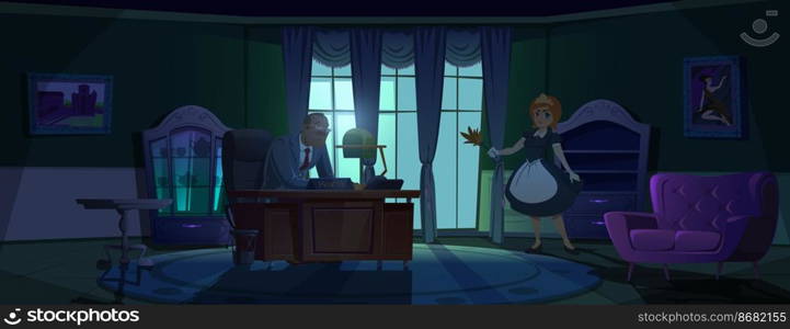 Maid in principal cabinet, young housemaid in uniform with feather brush in hands stand front of table with mature man in dark room with classic furniture at moonlight, Cartoon vector illustration. Maid in principal cabinet young housemaid in room
