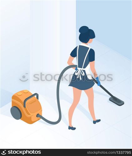Maid in Uniform Vacuuming Hotel Floor Vector Isometric Closeup Illustration. Chambermaid Woman Cleaning Hallway Room Office House Home Concept for Professional Clean Service Company. Maid in Uniform Vacuuming Floor in Hallway Room