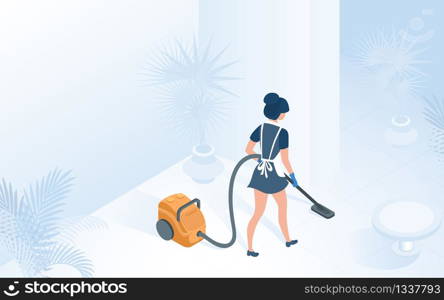 Maid in Uniform with Apron Vacuuming Carpet Hotel Floor Vector Isometric Illustration. Chambermaid Woman Worker Cleaning Hotel Hallway Lobby Concept for Professional Clean Service.. Maid in Uniform Vacuuming Floor in Hotel Hallway