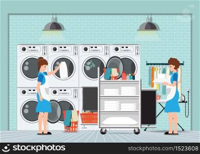 Maid loading laundry washing machine with cloth and operating with ironing machine working at hotel, hotel room service, vector illustration.