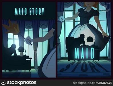 Maid story poster with woman in apron and man silhouette at desk in night office. Vector banner of mystery story with cartoon illustration of girl housemaid with feather duster and person in dark room. Maid story poster with woman in apron in dark room
