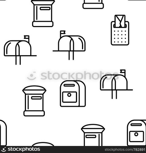 Mail Box, Post Linear And Flat Vector Icons Seamless Pattern. Mailboxes, Sending Letters, Correspondence Illustrations Collection. Email Delivery Services Logo Pack. Letterboxes Symbols. Mail Box, Post Linear And Flat Vector Seamless Pattern