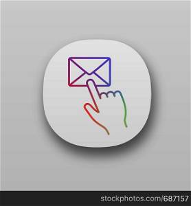 Mail button click app icon. SMS. Email app. Messenger. Hand pressing email button. UI/UX user interface. Web or mobile application. Vector isolated illustration. Mail button click app icons set