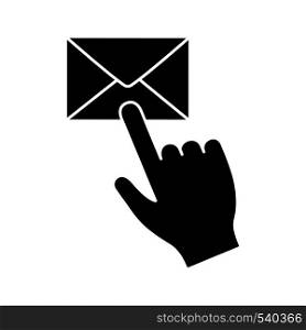 Mail button click glyph icon. SMS. Email app. Messenger. Hand pressing email button. Silhouette symbol. Negative space. Vector isolated illustration. Mail button click glyph icon