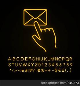 Mail button click neon light icon. SMS. Email app. Messenger. Hand pressing email button. Glowing sign with alphabet, numbers and symbols. Vector isolated illustration. Mail button click neon light icon