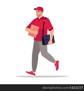 Mail carrier semi flat RGB color vector illustration. Postman walk with order. Worker with cardboard package. Caucasian male courier in red uniform isolated cartoon character on white background. Mail carrier semi flat RGB color vector illustration