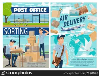 Mail delivery and post office postman. Vector mailman at sorting center with postage stamp, worldwide air delivery of parcels, envelopes and letters or correspondence journals. Air mail delivery, postman at post office
