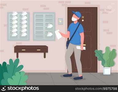 Mail delivery flat color vector illustration. Safety logistic during worldwide pandemic. Person transporting letters to people homes 2D cartoon characters with full mail boxes on background. Mail delivery flat color vector illustration