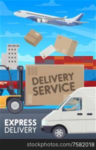 Mail delivery, logistic and freight transportation service. Vector post office shipping transport, avia and Maritime cargo with containers, courier or mailman with parcels and envelope letter delivery. Post mail delivery service, logistics transport