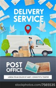 Mail delivery, post office logistics and courier service. Vector post office mailman with newspapers, journals and magazines mail delivery, letter envelopes and mailbox with postage stamp. Post mail delivery, post office courier shipping