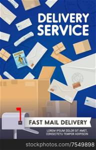 Mail delivery, post office logistics and shipping transportation service. Vector newspapers, journals and magazines mail delivery, letter envelopes courier and mailbox with postage stamp. Post mail delivery, parcels and letters shipping