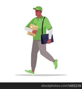 Mail delivery semi flat RGB color vector illustration. Postman in shirt with bag. Worker with cardboard package for order. Male african courier in green uniform isolated cartoon characters kit. Mail delivery semi flat RGB color vector illustration