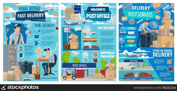 Mail delivery service and post office postman courier profession. Vector postal logistics of correspondence magazines, letter envelopes and parcels, avia delivery and post warehouse. Postal delivery service, post office shipping
