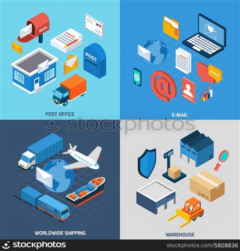 Mail design concept set with post office e-mail worldwide delivery and warehouse isometric icons isolated vector illustration. Mail Isometric Set