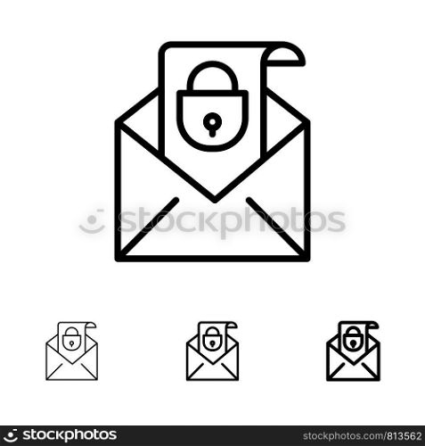 Mail, Email, Message, Security Bold and thin black line icon set