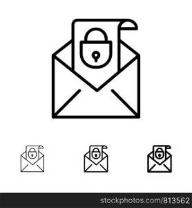 Mail, Email, Message, Security Bold and thin black line icon set