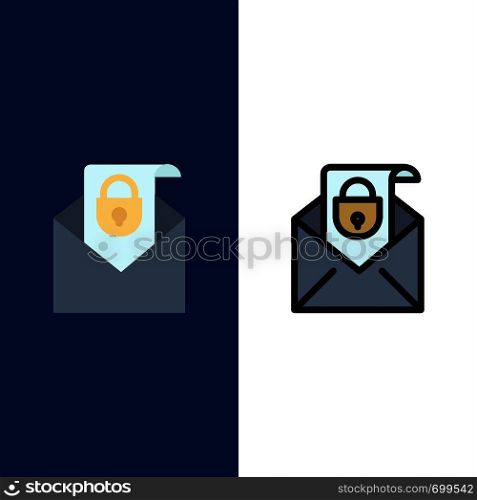 Mail, Email, Message, Security Icons. Flat and Line Filled Icon Set Vector Blue Background