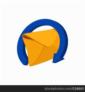 Mail envelope and blue circular arrow icon in cartoon style on a white background. Mail envelope and blue circular arrow icon