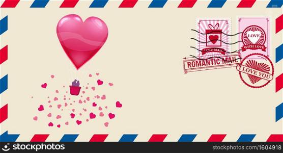 Mail envelope for Valentine s day with heart shaped balloon with lowers, post st&. Mail envelope for Valentine s day with heart shaped balloon with lowers, post st&. Template vector illustration isolated