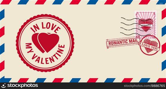 Mail envelope for Valentine s day with Hearts In Love, post st&. Mail envelope for Valentine s day with Hearts In Love, post st&. Template vector illustration isolated