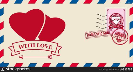 Mail envelope for Valentine s day with Hearts In Love, post st&. Mail envelope for Valentine day with Hearts In Love, post st&. Template vector illustration isolated