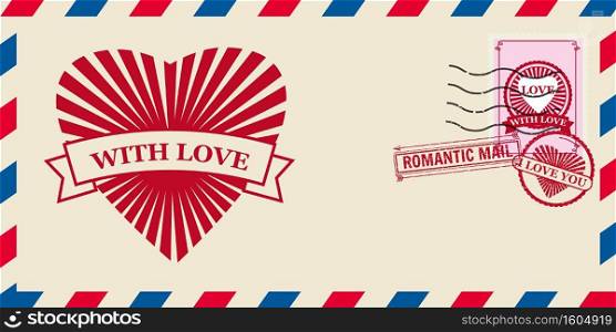 Mail envelope for Valentine s day with Hearts Love, post st&. Mail envelope for Valentine day with Hearts Love, post st&. Template vector illustration isolated