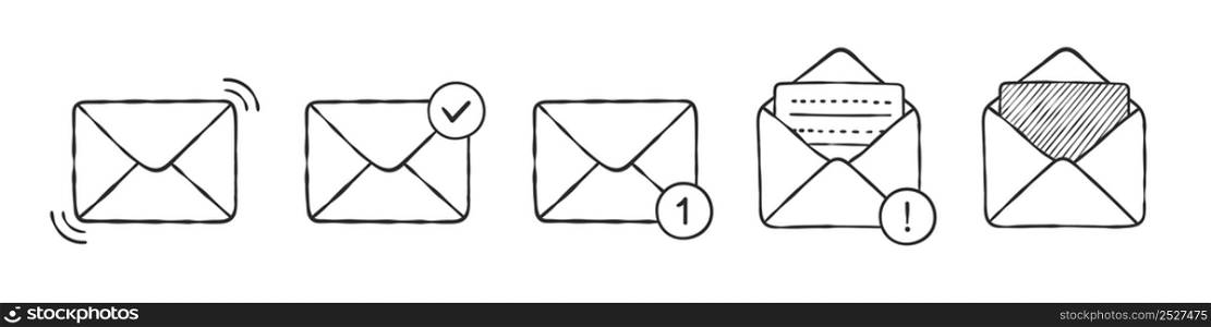Mail envelope icon set. Email message icons. Letter envelopes. Hand-drawn envelopes. Vector icons