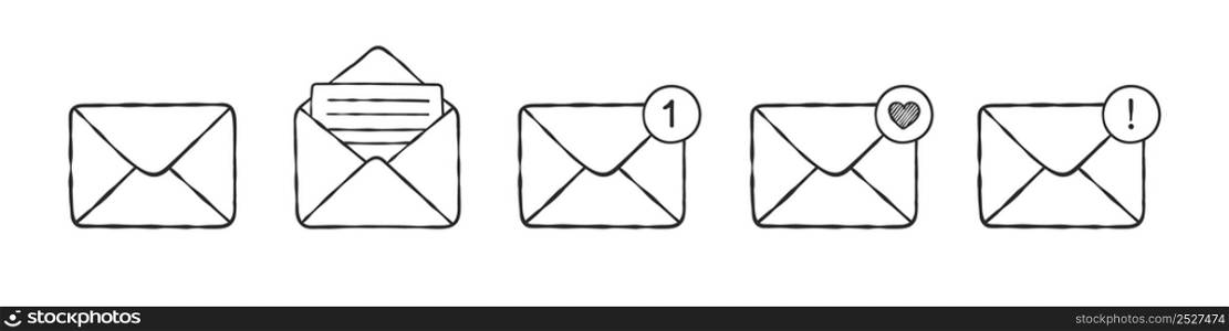 Mail envelope icon set. Letter envelopes. Hand-drawn envelopes. Vector icons