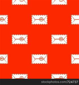 Mail envelope with a stamp pattern repeat seamless in orange color for any design. Vector geometric illustration. Mail envelope with a stamp pattern seamless