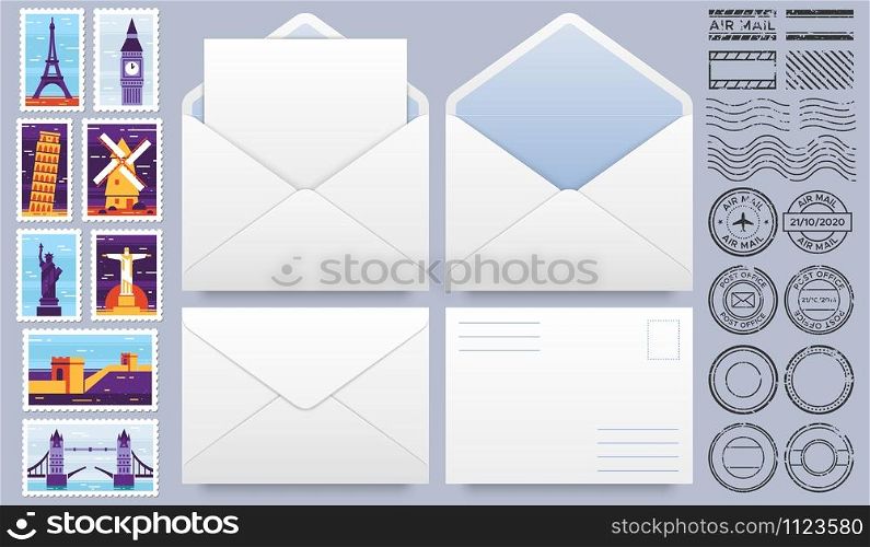 Mail envelope with post stamps. Postage stamp, stamps frames and realistic mail envelopes mockup template vector set. Open and closed mail envelopes, postal seals and postmarks with landmarks. Mail envelope with post stamps. Postage stamp, stamps frames and realistic mail envelopes mockup template vector set. Open and closed paper envelopes, postal seals and postmarks with landmarks
