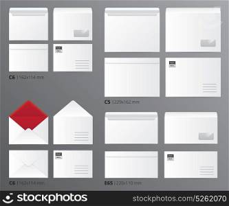 Mail Envelopes Postal Set. Paper office template set of realistic mail envelopes sorted by letter size with appropriate text captions vector illustration