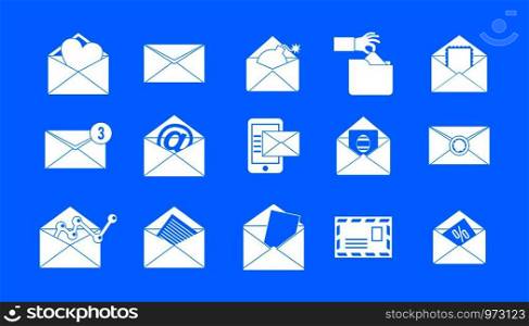 Mail icon set. Simple set of mail vector icons for web design isolated on blue background. Mail icon blue set vector
