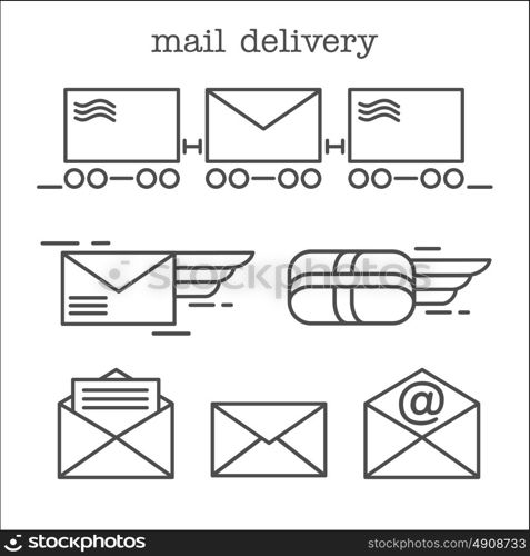 Mail. Letter, parcel, mail. E-mail. Fast delivery of letters. Set of vector icons.