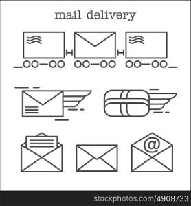 Mail. Letter, parcel, mail. E-mail. Fast delivery of letters. Set of vector icons.
