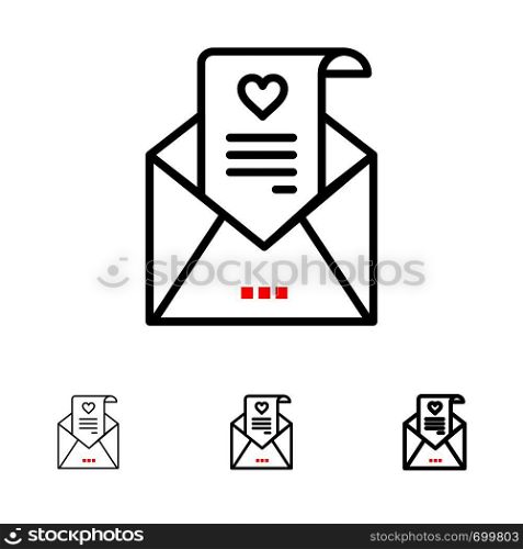 Mail, Love Letter, Proposal, Wedding Card Bold and thin black line icon set