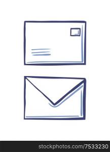Mail message sign hand drawn doodle of closed letter, postal correspondence symbol. Envelope icon in line art sketch style vector back and front view. Mail Message Sign Hand Drawn Doodle Closed Letter