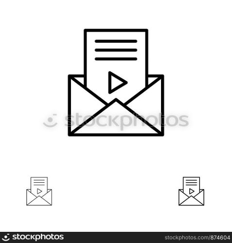 Mail, Message, Sms, Video Player Bold and thin black line icon set