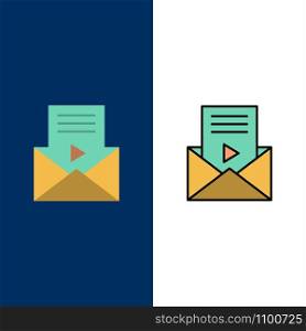 Mail, Message, Sms, Video Player Icons. Flat and Line Filled Icon Set Vector Blue Background