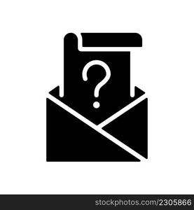 Mail question black glyph icon. Envelope and letter with question mark. Searching issue solution. Communication channel. Silhouette symbol on white space. Solid pictogram. Vector isolated illustration. Mail question black glyph icon