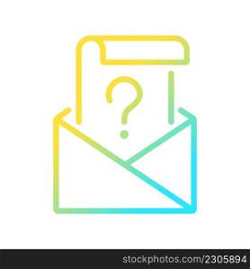 Mail question gradient linear vector icon. Open envelope and letter with question mark. Issue solution. Thin line color symbol. Modern style pictogram. Vector isolated outline drawing. Mail question gradient linear vector icon