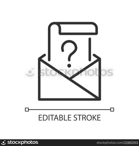 Mail question linear icon. Envelope and letter with question mark. Issue solution way. Thin line illustration. Contour symbol. Vector outline drawing. Editable stroke. Arial font used. Mail question linear icon